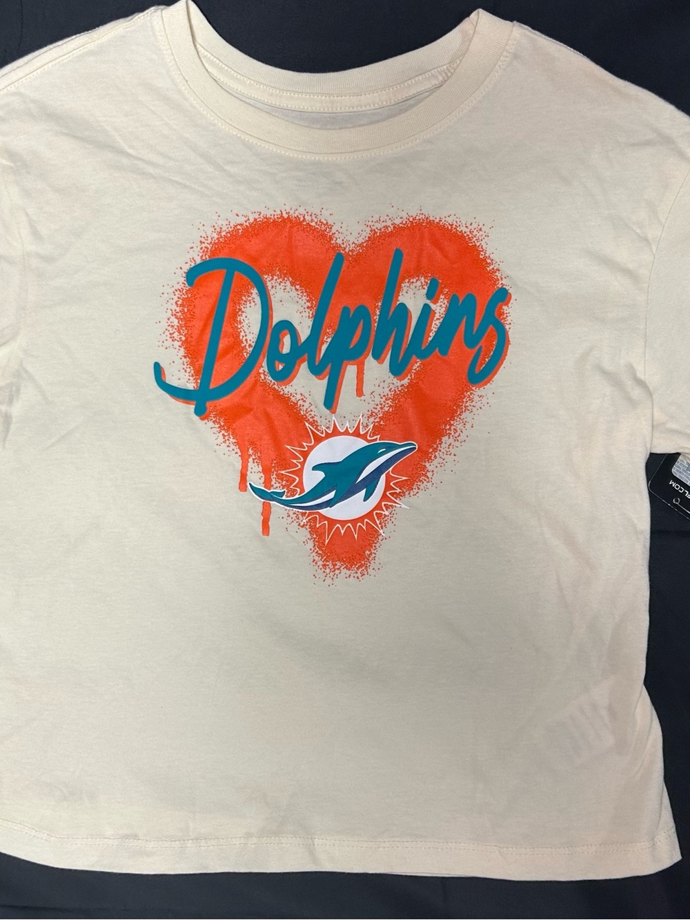 NFL Cream Tee with Orange Heart and Teal Dolphins Graphic